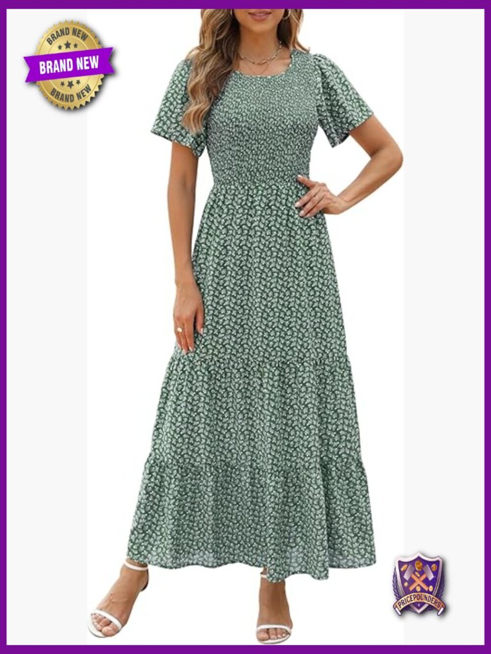 Crewneck Short Sleeve Smocked Floral Maxi Dress with Pockets
